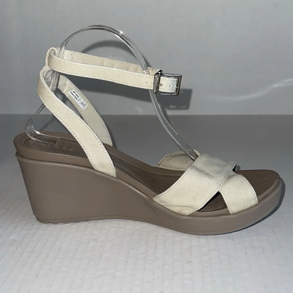 Crocs Leigh II Cream Canvas Strap Wedge Heels